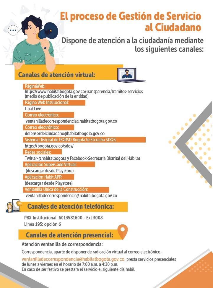 El proceso de Gestión de Servicio al Ciudadano Dispone de atención a laciudadanía mediante los siguientes canales: Canales de atención virtual: Página Web:https://www.habitatbogota.gov.co/transparencia/tramites-servicios (medio de publicación de la entidad) Página Web Institucional:Chat Live Correo electrónico: servicioalciudadano@habitatbogota.gov.co Correo electrónico:defensordelciudadano@habitatbogota.gov.co Sistema Distrital de PQRSD Bogotá te Escucha SDQS: https://bogota.gov.co/sdqs/ Redes sociales: Twitter-@habitatbogota y Facebook-Secretaria Distrital del Hábitat Aplicación SuperCade Virtual: (descargar desde Playstore) Aplicación Habit APP: (descargar desde Playstore). Ventanilla Unica de la Construcción: vuc@habitatbogota.gov.co Canales de atención telefónica: PBX Institucional: 6013581600 - Ext 3008 Línea 195: opción 6 Canales de atención presencial: Oficina principal: Carrera 13 No. 52 - 13 Horario de atención: lunes a viernes de 7:00 a.m. a 4· 30 p.m. Red CADE y Centros de Encuentro Como medidas de bioseguridad para prevenir la propagación del COVID-19, en ventanilla externa se permite el ingreso de una sola persona al área de radicación.